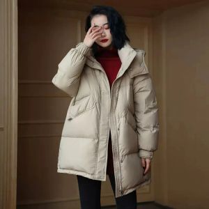 Casacos femininos para baixo jaqueta com capuz jaqueta de comprimento médio 2023 inverno seção grossa moda coreana quente casual casacos para baixo preenchimento parkas