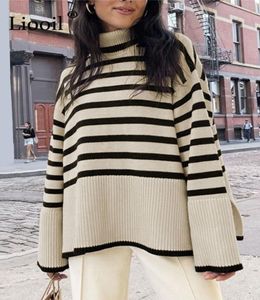 Black And White Stripe Sweater Streetwear Loose Tops Women Pullover Female Jumper Long Sleeve Turtleneck Knitted Ribbed Sweaters 28831456