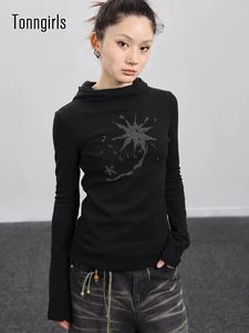 Tonngirls Gothic Print Graffiti T Shirt Women Turtleneck Long Sleeve Tee Tops Y2k Vintage Tops 2000s Japanese Streetwear Tshirts 240228