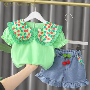 Set di abbigliamento 2024 Set estivo carino per bambina Colletto in pizzo stampato Top pantaloncini di jeans Costume 1 2 3 4 anni Bambini PrincessDress