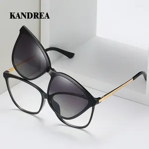 サングラスフレームKandrea Cat Eye Large Frame Women Outdoor Magnetic Dual-Purposed Polarized Clip-On Anti-Blue Light Glasses 95655