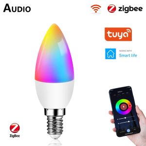 Kontrola Tuya Zigbee E14 Inteligentne żarówki LED Candle Bulb RGB C+W 5W Kolor Dimmable Lampa kompatybilna z Alexa Google SmartThings Hub