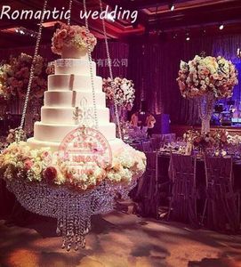 ラウンドD60クリスタルシャンデリアケーキスタンドは、結婚式の装飾のためにクリスタルビーズケーキテーブルと一緒に吊り下げられています9398714