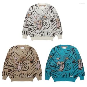 Camisolas masculinas estilo cardigan wacko maria v-pescoço botão camisola homens mulheres oversize tigre jacquard azul branco cáqui casaco hip hop