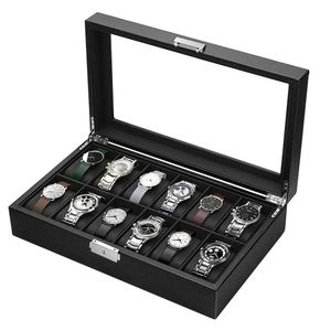 Watch Box12106 Slot Watch Box Organizer for MenWatch Display Case with Glass Topped for Gift Business Carbon Fiber Leather 240226