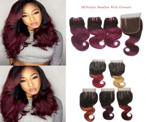 Brazilian Ombre Virgin Hair 3 Bundles with Closure Body Wave Two Tone Brazilian Ombre Color Blonde Pink Fuchsia Red Purple Hair Ex9053376