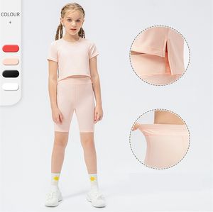 Lu Kids Yoga Shorts Two-Piece Outfits Girls High Waist Sportswear Lined Fitness Wear wronging Elastic LL23205+23403