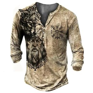 ヴィンテージメンズTシャツコットンティーグラフィックTシャツ3Dプリンティング長袖ティーヘンリーボタン特大の男性服トップ240219