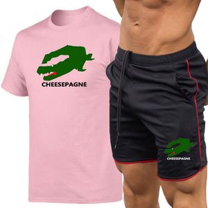 Sommarn nya mäns runda hals-t-shirt och shorts tvådelar med trendig tryckning, avslappnad mode, kortärmade sportkläder, jogging set