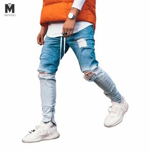 Moda masculina jeans magros motociclista destruído ajuste denim rasgado calças jeans gradiente tornozelo zíper lápis calças hip hop streetwear4036798