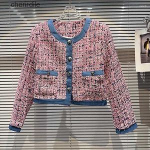 Kvinnorjackor Jackor Prepomp 2023 Autumn Collection Long Sleeve Rhinestone Buttons Denim Patchwork Light Purple Tweed Women GL336 240301