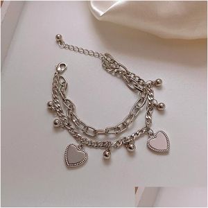 Charm Bracelets Hip Hop Cool Double Layered Linked Chain Heart For Women Sier Color Metal Beads Bracelet Street Style Jewelrycharm D Dhxge