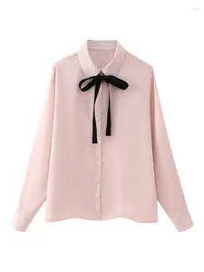 Camicette da donna Ragazze Colletto rovesciato a taglio singolo Casual Sensazione di raso Top larghi Moda donna Fiocco Cravatta con lacci Camicie lunghe rosa primavera