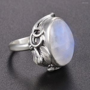 Cluster Rings Women's Jewelry S925 Silver Ring Oval 11x17MM Moonstone Party Wedding Anniversary Gift Vintage