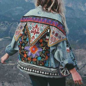 Women's Jackets Bohemian Oversize Denim Embroidery Jean Coat Ethnic Streetwear Jeans Outwear 240301