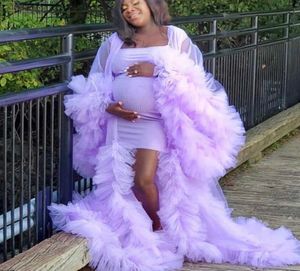 Chic Purple Illusion Maternity Tulle Po Shoot Robe Billig gravid kvinna Tiered Ruffles Dress Bridal Party Födelsedagsklänningar2276587