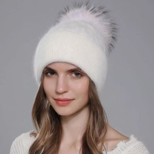 Cntang naturlig tvättbjörn päls pompom stickad hatt för kvinnor varm angora kanin motorhuv kvinnor vinter fleece hattar avslappnade kvinnliga mössor 240226