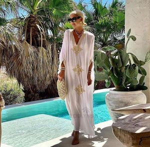 Casual Dresses 2022 Elegant Gold Embroidered Kaftan Retro Vneck White Dress Plus Size Women Clothes Summer Beach Wear Swim Maxi N1943799