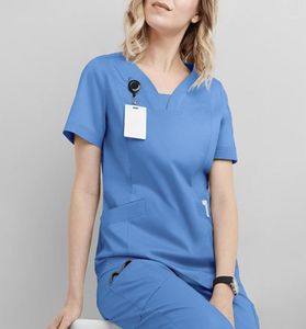 Women039S Tshirt Yüksek kaliteli Vneck Scrub Üstleri Güzellik Salon Hemşirelik Elastik Bel Pantolon UNISEX NEFREBLİ UYGULMA