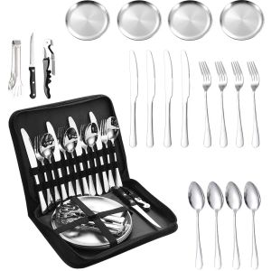 Sets Camping Silverware Kit Cutlery Organizer Utensil Picnic Set Stainless Steel Plate Spoon Knife Fork Tongs Hiking 10/20PCS