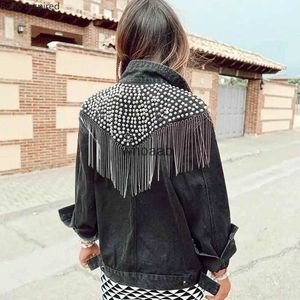 Jaquetas femininas Jaquetas Boho Inspirado Studded Fringe Trim Denim para Preto Manga Longa Outerwear 240301