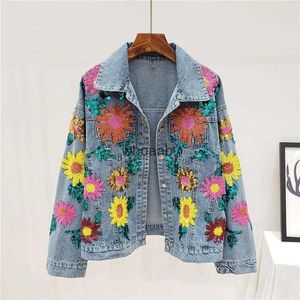 Женские куртки Куртки Весенние джинсовые пайетки с цветочной вышивкой Пальто с длинными рукавами Джинсы с солнечными цветами Tide H532 240301