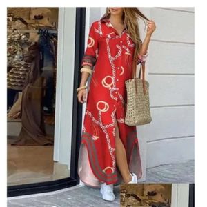 Casual Dresses Fashion Women Long Sleeve Shirt Dress Spring Printed Ol Laides Turndown Collar Loose Sundress Party Clothes