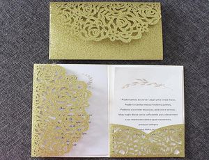 Luxury Glitter Gold Wedding Invitations Transparent Enkuvert Personliga insatser Ros Laser Cutting Party Pocket Invitno Inre no1840011