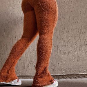 Capris High Street Solid Sticked Sapled Pants Women High midje Leggings byxor Slim Flare Pants Spring Casual Furry Bottom Streetwear