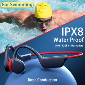 Игроки Наушники с костной проводимостью Bluetooth Беспроводные IPX8 Водонепроницаемый MP3-плеер Hi-Fi Наушники с крючком и микрофоном для плавания