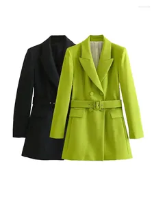 Damenanzüge 2024 Bürodame Grün Übergroßer langer Blazer Frauen Drehen Unten Doppelknöpfe Vintage Jacken Elegante Outwears