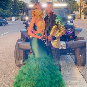 Sexy Hunter Green Mermaid Prom Dresses With Gold Beadings Tier Ruffles Bottom Illusion Top Black Girls Graduation Evening Gowns