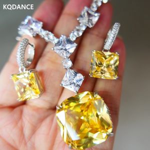 KQDANCEラージスクエアラボイエロークリスタルダイヤモンドシンプルチェーン銅ネックレス925スターリングシルバーイヤリングウェディングジュエリーセット240220