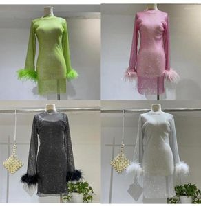 Casual Dresses Elegant Crystal See Through Fishnet Empelled Mini Pink Nightclub Dress Long Sleeve Feather Mesh8213069