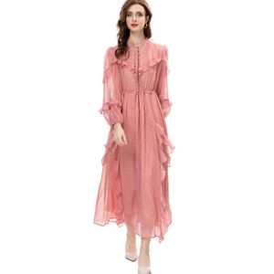 Women's Runway Dresses Stand Collar Long Lantern Sleeves Printed Lace Up Fashion Layered Ruffles Designer Vestidos