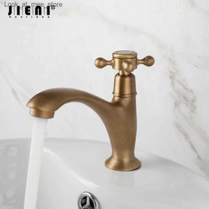 Torneiras de pia do banheiro JIENI Antique Brass Bathtub Faucet Cross Handle Rotation Control Single Cold Water Outflow Deck Instalação Banheira Torneira Q240301