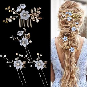 Hair Clips Faux Pearl Bridal Hairpins Elegant Flower Side Comb Set For Wedding Bride Golden Leaf Shaped Alloy Tiaras