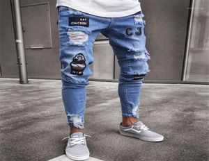 Calças masculinas jeans homens rasgados remendados emblema pintado jeans em linha reta magro ajuste hip hop casual denim jean para homem buracos quebrados meninos12774231