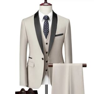 Suits Men Business Casual Wedding Party Three Pieces Jacket Trousers Waistcoat Set Male Blazer Coat Pants Vest Fashion Slim Fit Suits