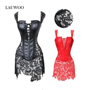 Lauwoo sexig burlesk underkläder gotisk faux läder steampunk korsett svart spets shaperwear bustier överbustkorett plus size4007809