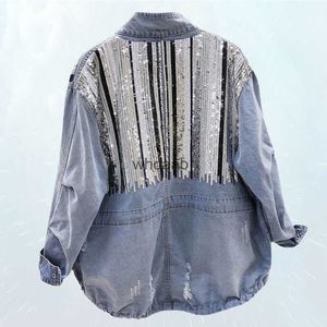 Kvinnorjackor Fashion Spring Standing Coat paljett Splice Bomber Denim Collar Hole Drawstring Jeans 81 240301