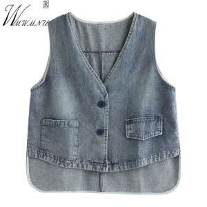 Westen VNeck Vintage abgeschnitten Denim Weste Frauen Casual Jean Weste 2023 Frühling Sommer ärmellose Jacken Blau Schwarz Cowboy Chalecos