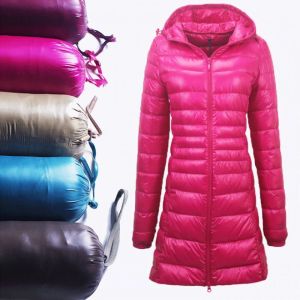 Casacos femininos longo pato para baixo jaqueta portátil senhoras parkas inverno ultraleve acolchoado puffer com capuz hiplength casaco