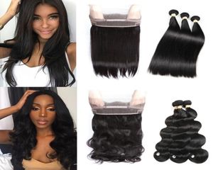 Pacotes de cabelo humano virgem brasileiro com fechamento pré-arrancado 360 rendas frontal com cabelo de bebê onda corporal reta virgem brasileira 2541443