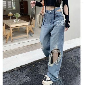 Kadınlar Kot High Wanded Yırtılmış Yırtık Dış Giyim Giyin Gevşek Düz Geniş Bacak Denim Pantolonları Kadın Harajuku Baggy Pantolon