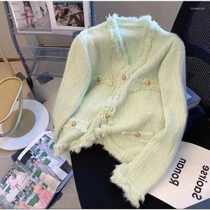 Women's Knits Green V Neck Small Fragrant Knitted Cardigan Sweater Gentle Wind Sweet Soft Tassel Short Coat For Autumn Winter 2024