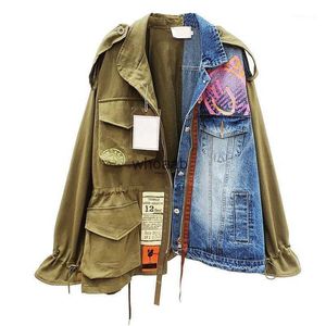 Jaquetas femininas jaquetas primavera de alta qualidade denim lapela manga longa falsa duas peças patchwork casaco outwear 240301