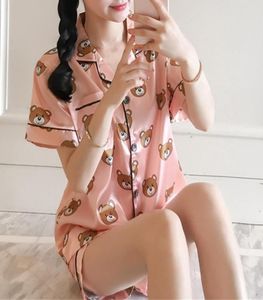 Yaz kısa kollu ipek pijama set iki parça set set sevimli ayı baskı kadınlar için seksi gece kıyafetleri uyku 5342588