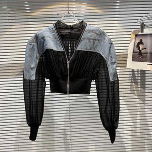 여자 자켓 재킷 여름 스트리트웨어 긴 소매 메시 데님 스티칭 짧은 의류 서양식 선 보호 코트 140301