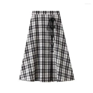 Röcke Lace Up Plaid Womens 2024 Sommer Hohe elastische Taille Bandage A-Line Midi Young Preppy Style School Front Slit Falda